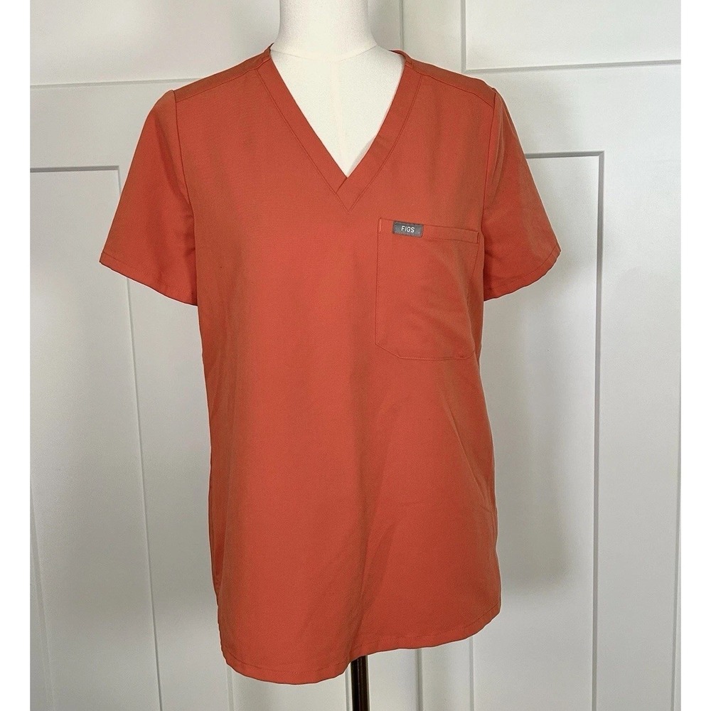 FIGS Catarina One Pocket Scrub Top Womens Small Orange V-Neck FW1000